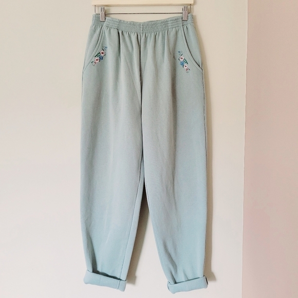 Vintage Pants - Vintage 90s Sage Green Cottagecore Floral Embroidery Sweat Pants